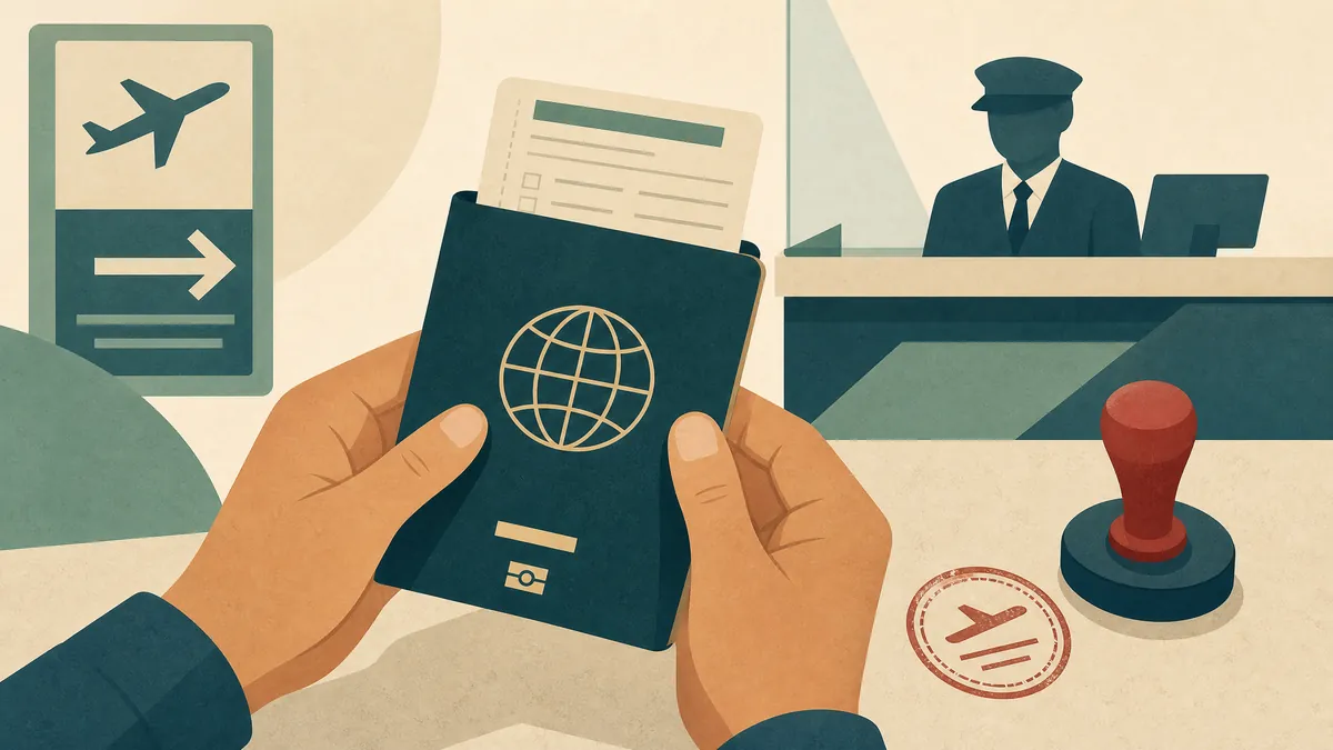 Illustration of a passport with a migration card slip at a border control desk