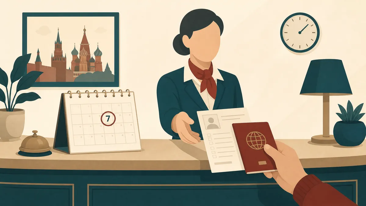 Illustration of a hotel reception desk with a calendar and a registration slip