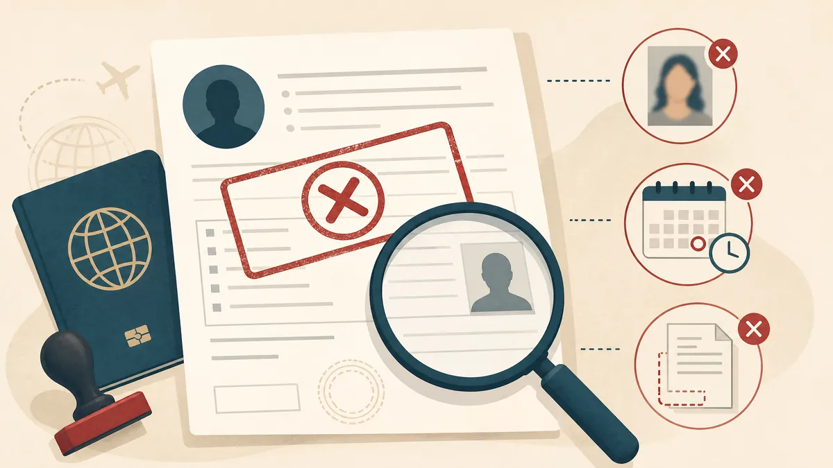 Illustration of a visa application with a rejected stamp and a magnifying glass