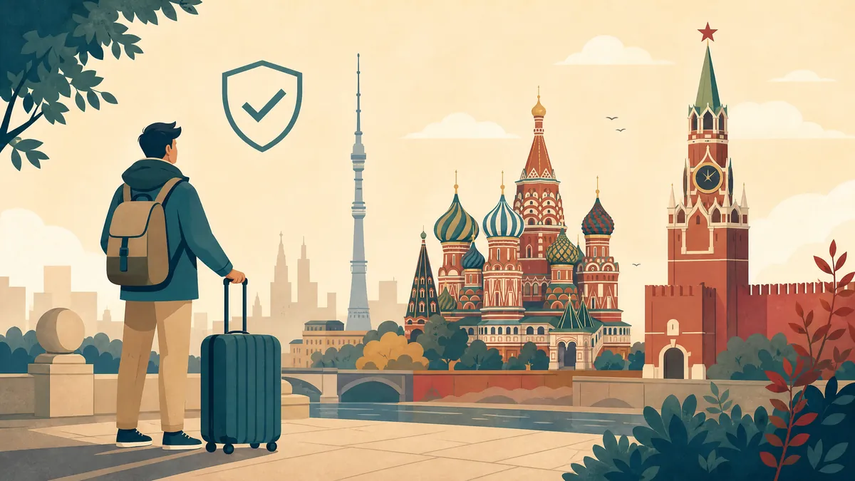 Illustration of a traveller looking at the Moscow skyline with a safety shield icon