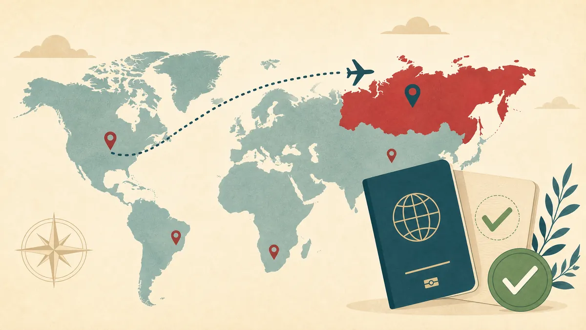 Illustration of a world map with a flight path to Russia and a passport with a green check